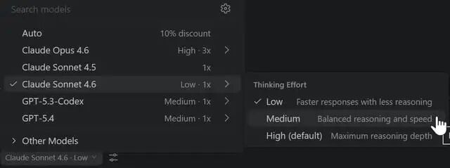 模型选择器中的推理努力设置