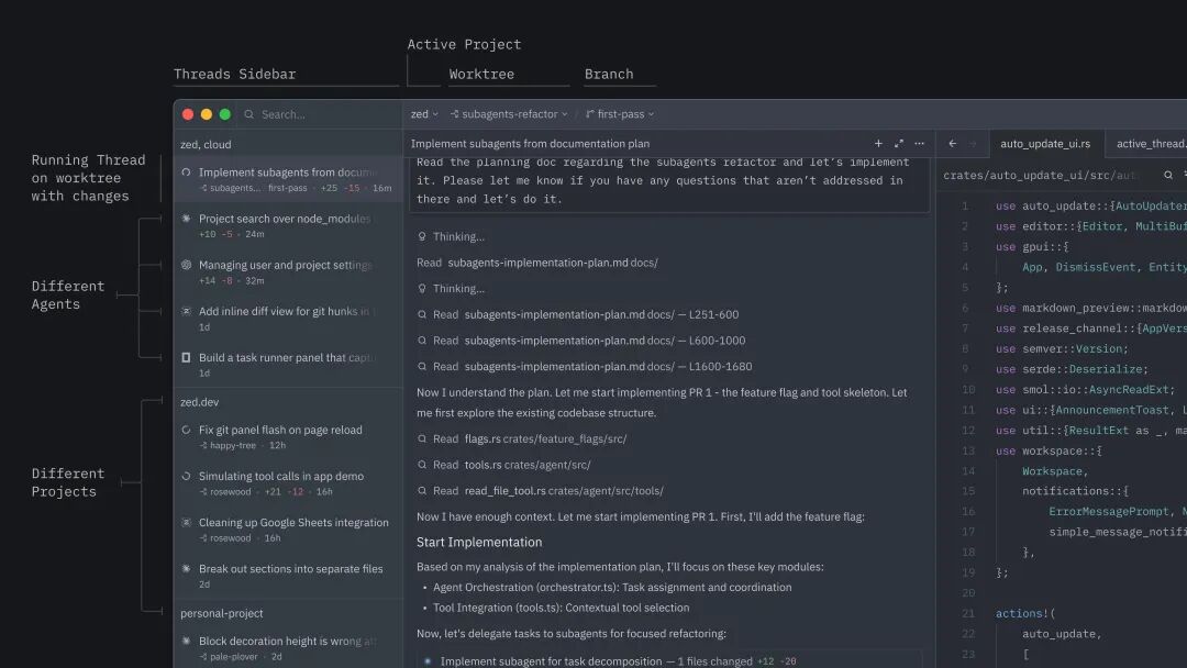 Threads Sidebar 界面概览 - 展示多个并行任务和不同项目