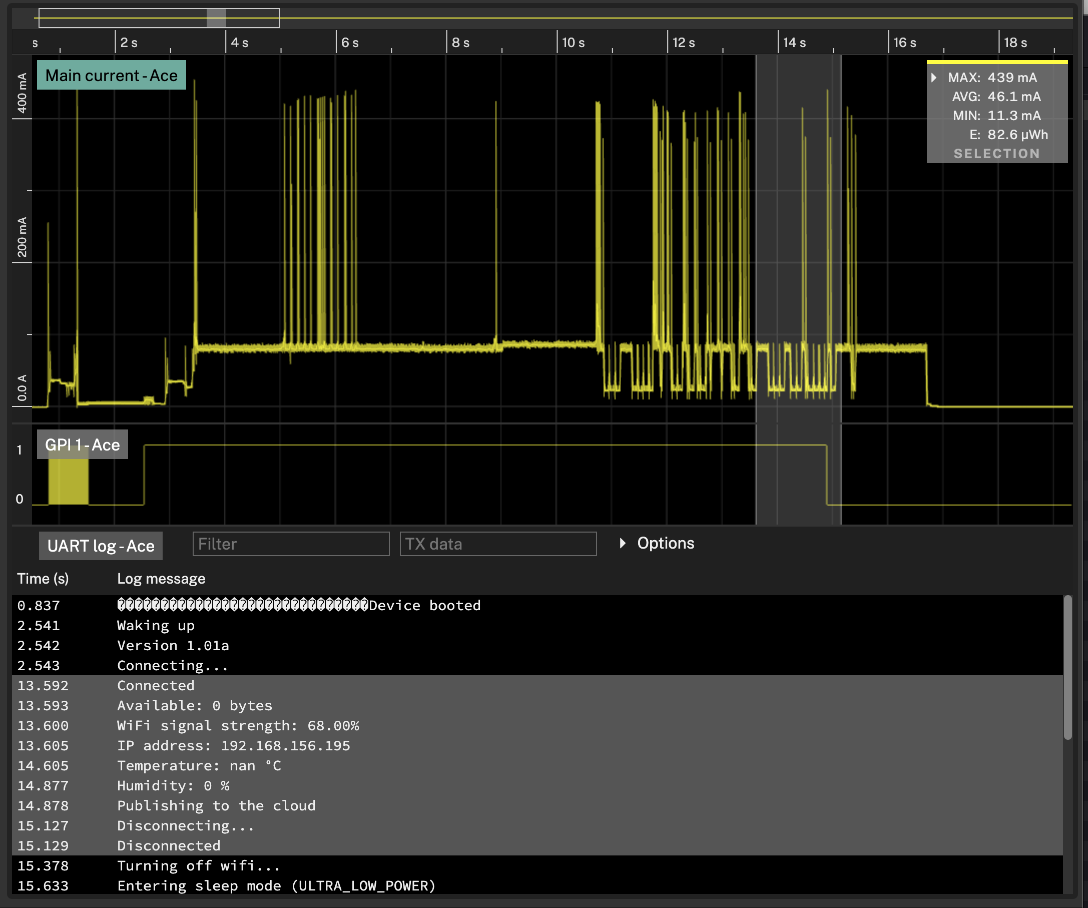 图3：Otii的UART功能与电流录制曲线同步，可精确定位高功耗点