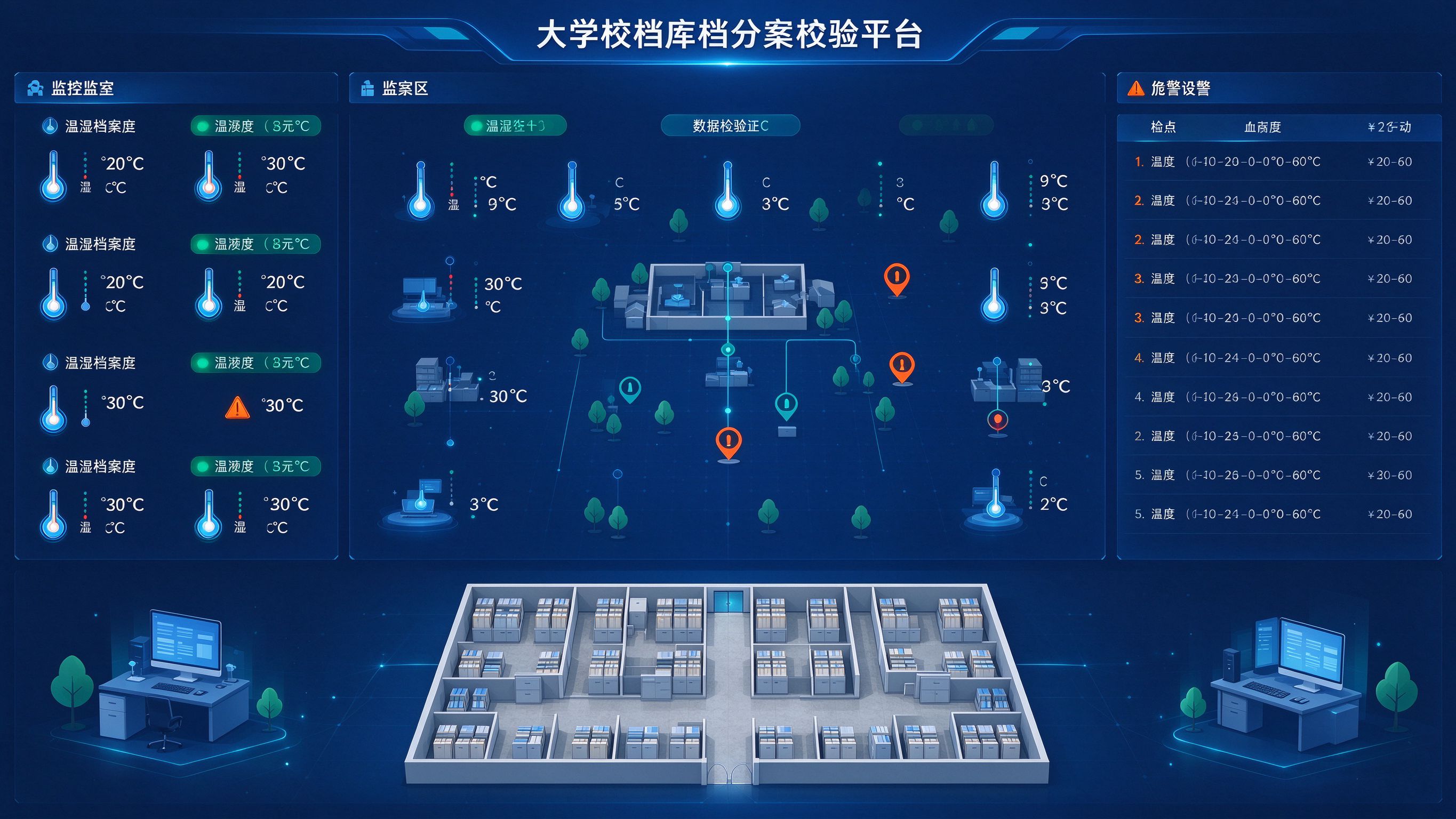 高校档案室分布式温湿度采集数据校验平台大屏总览