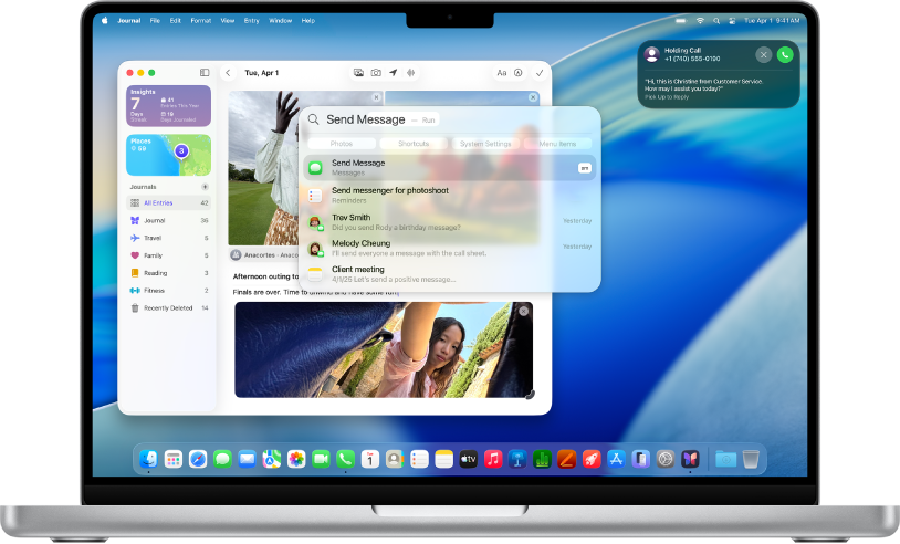 Mac 桌面显示“聚焦”搜索窗口，其中结果出现在搜索栏下方，该窗口后面打开了“手记” App。右上角显示一个保留的通话。