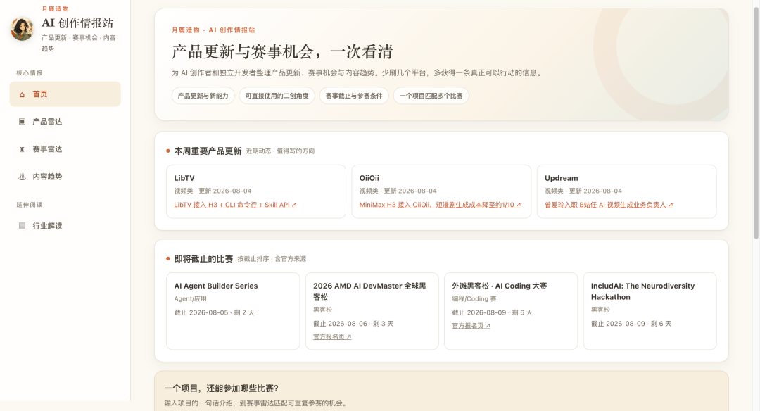 删掉个人管理功能后的 AI 创作情报站首页