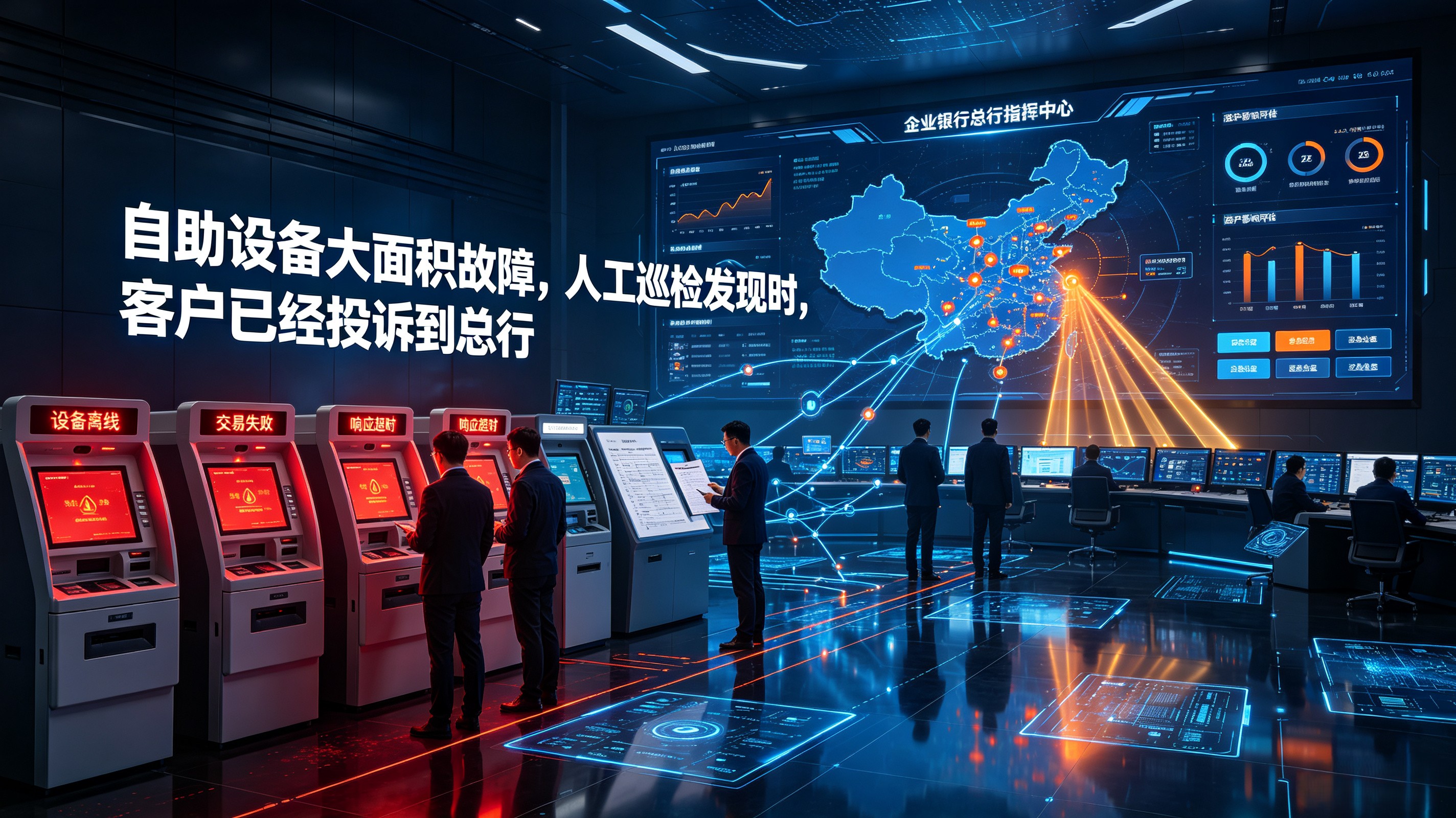 自助设备大面积故障，人工巡检发现时，客户已经投诉到总行