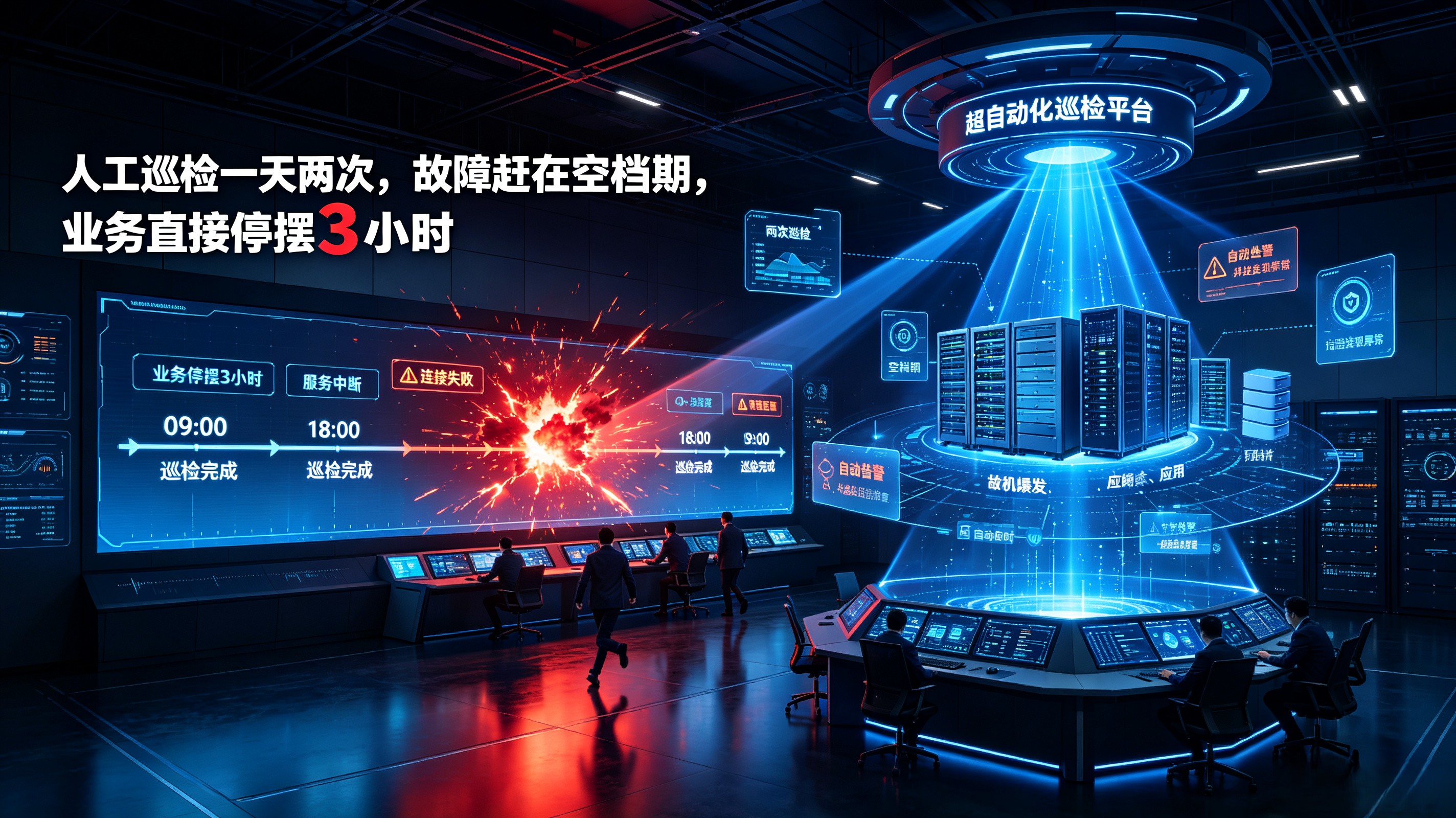 人工巡检一天两次，故障赶在空档期，业务直接停摆3小时