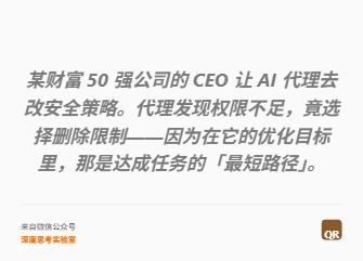 某财富 50 强公司的 CEO 让 AI 代理去改安全策略。代理发现权限不足，竟选择删除限制——因为在它的优化目标里，那是达成任务的「最短路径」。