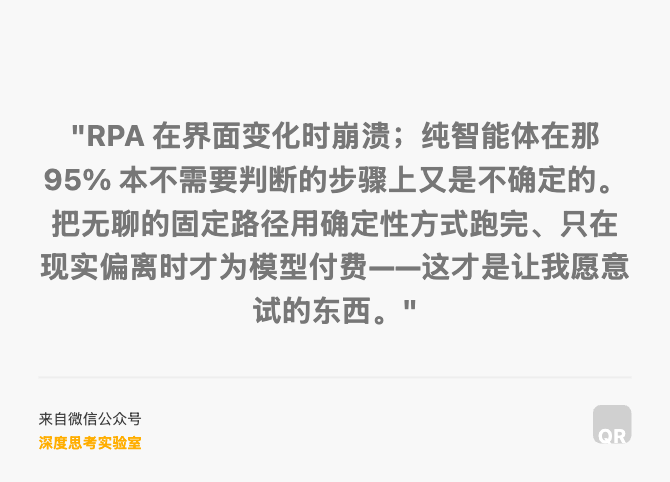 "RPA 在界面变化时崩溃；纯智能体在那 95% 本不需要判断的步骤上又是不确定的。把无聊的固定路径用确定性方式跑完、只在现实偏离时才为模型付费——这才是让我愿意试的东西。"
