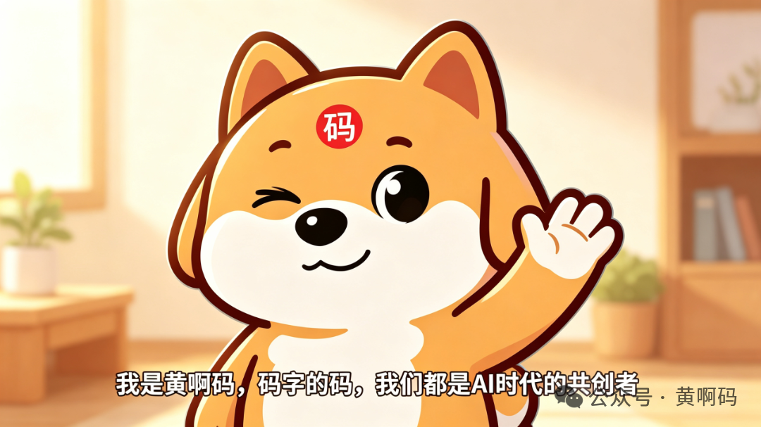 jimeng-2026-05-31-5198-结尾配图，黄啊码柴犬，双眼睁开微笑，招手问候，文字：我是黄啊码，码字的码，我们都....png
