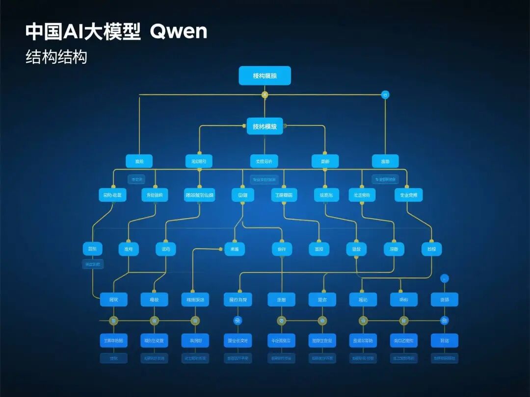 中国AI大模型Qwen技术架构图，现代科技感，蓝黄色调