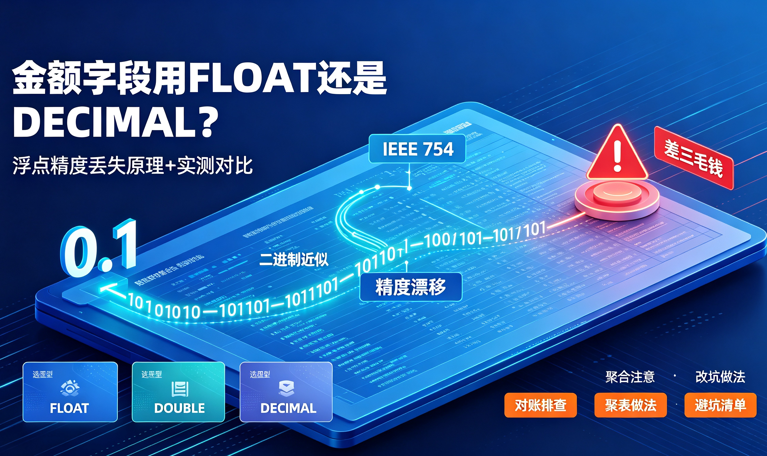 财务对账差三毛的根因：金额字段浮点精度丢失原理与DECIMAL改造实战