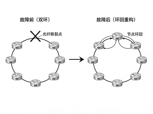 图3 故障前后环网重构对比(节点环回形成新单环)
