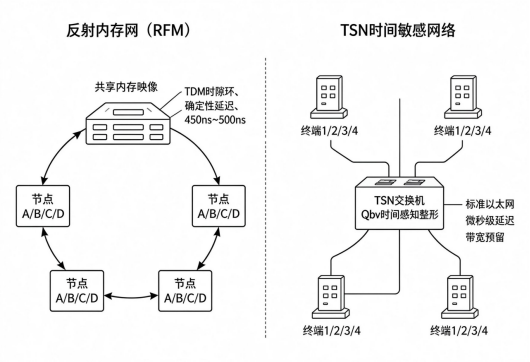 图1 反射内存网与TSN架构左右对比示意图
