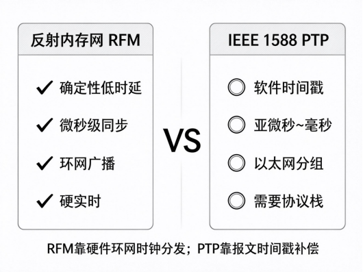 图3 反射内存网与IEEE 1588 PTP的同步机制对比