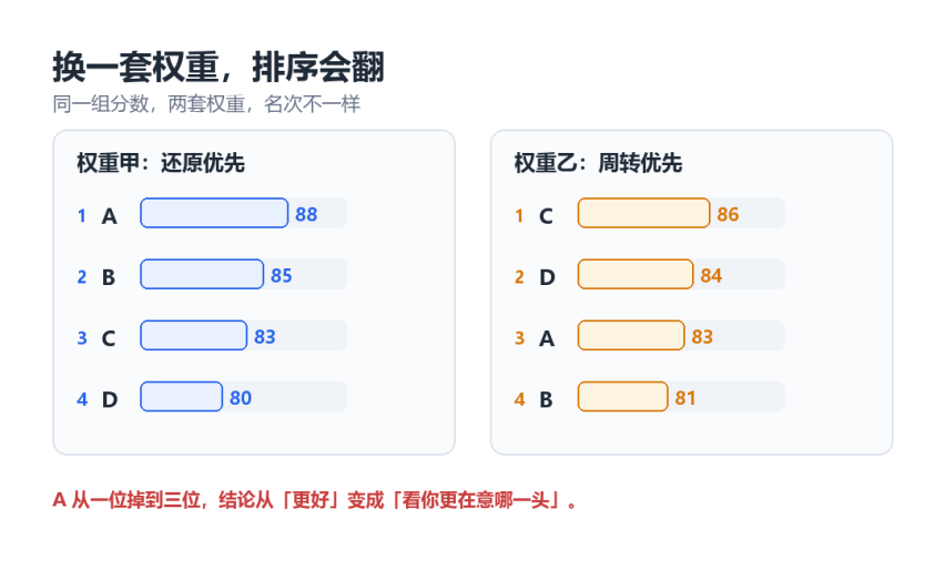 图 3：同一组分数在两套权重下的排序变化。示意图由本文绘制。