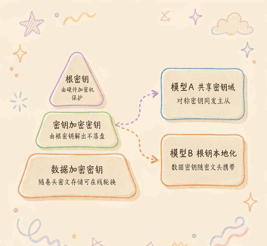 密钥体系与跟随模型示意：根密钥、数据密钥与复制拓扑的信任域绑定