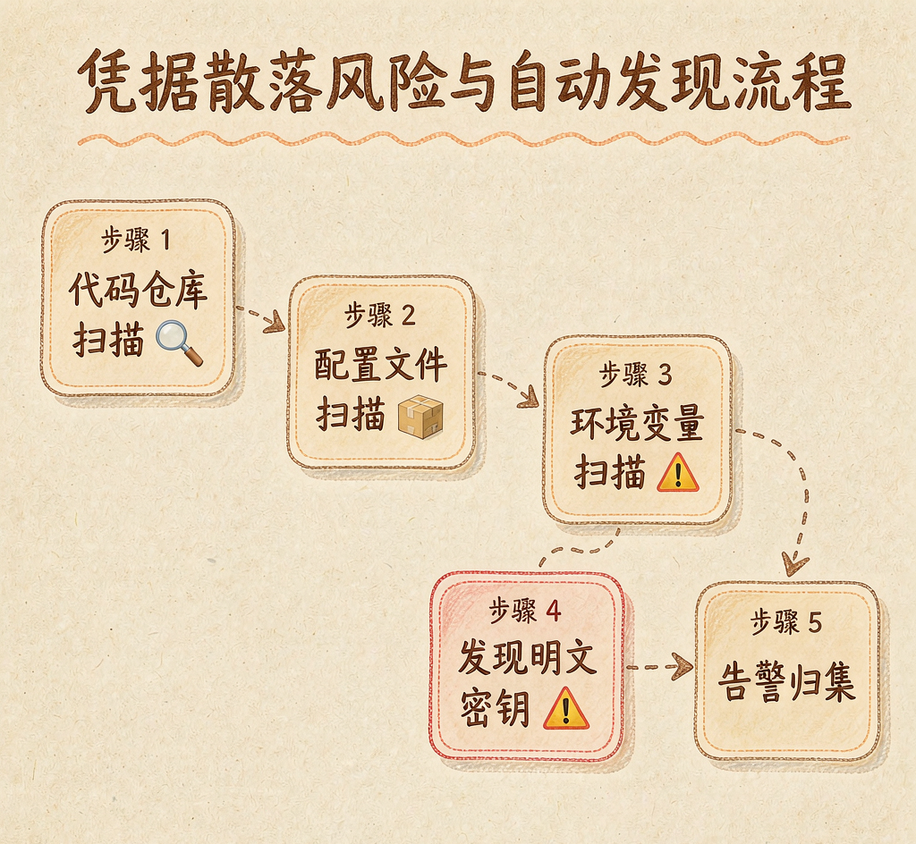 凭据散落风险与自动发现流程（手绘信息图）
