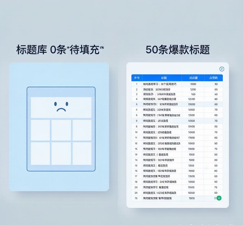 ▲ 左：素材库全是「*(待填充)*」；右：用了两周后，标题库和金句库都有存货