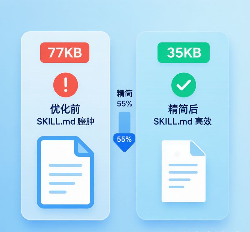 ▲ SKILL.md 文件属性：左边 77KB 优化前，右边 35KB 精简后