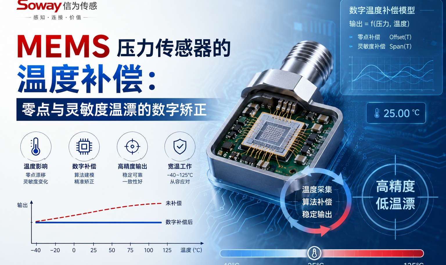# MEMS 压力传感器的温度补偿：零点与灵敏度温漂的数字矫正