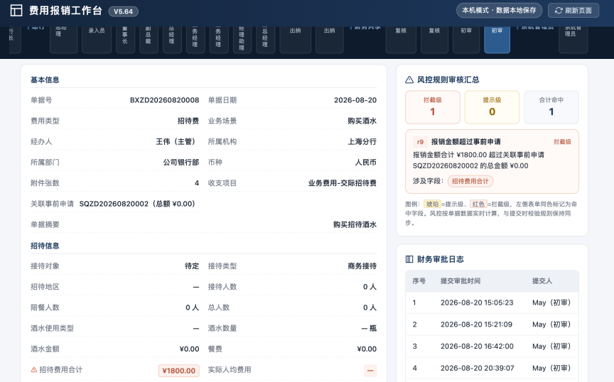 图4 费用审核·共享审核视图:左边单据信息,右侧系统风控审核汇总