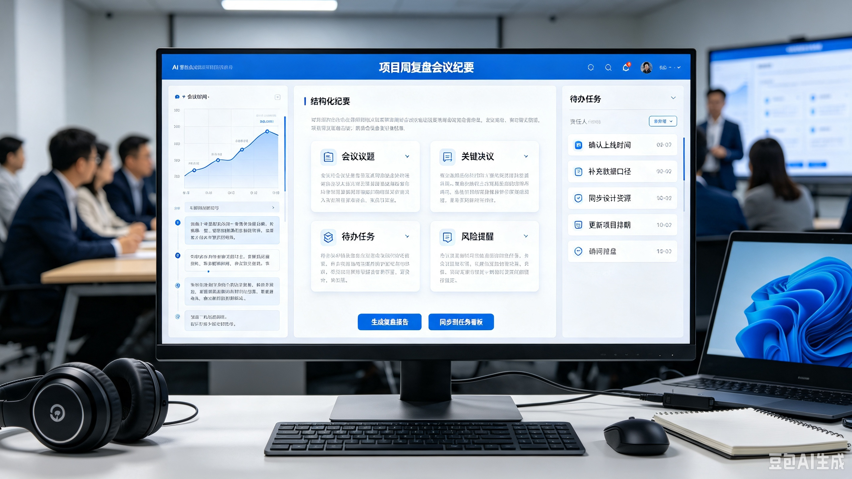 图:WorkBuddy AI智能会议复盘实景界面,自动生成会议纪要、同步待办任务,有效降低团队沟通复盘内耗
