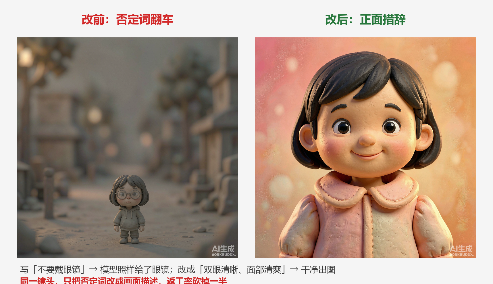 WorkBuddy 提示词实战：改掉否定词之后，我的 AI 出图返工率砍了一半（5 条铁律 + 11 项自检）