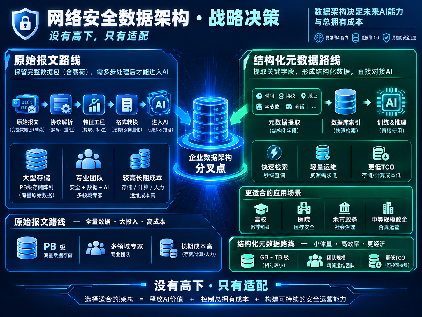 原始报文与元数据路线在AI适配、应用场景和总拥有成本上的架构决策对比