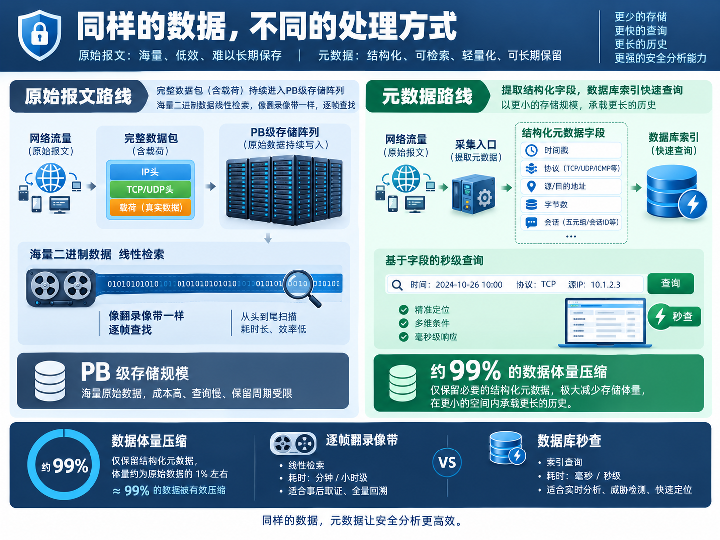 原始报文与元数据在采集、存储规模和安全事件检索效率上的综合对比