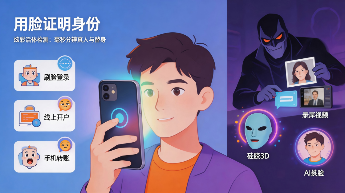炫彩活体检测技术，用一束束快速变换的彩色光，在你的手机屏幕上完成一场&ldquo;真人vs伪造&rdquo;的无声对决