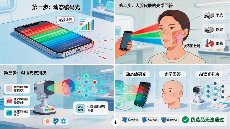 炫彩活体检测：利用手机屏幕，通过光线和人脸的 &ldquo;对话&rdquo;，毫秒之间完成活体核验，筑牢线上身份安全的防线