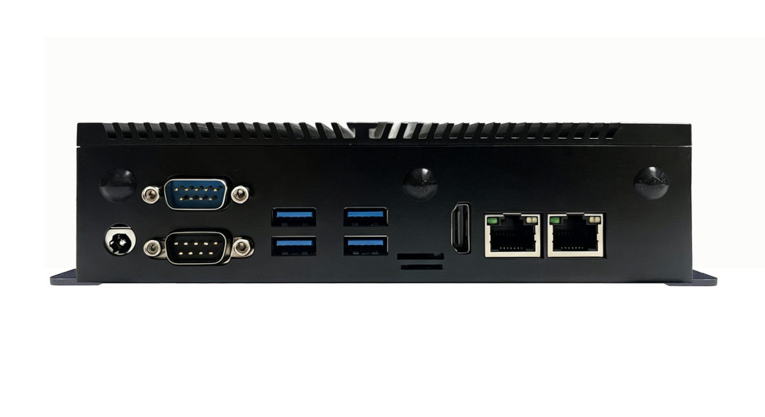 IBOX-8088R 接口正视：DC 供电、串口、USB 与双网口排布
