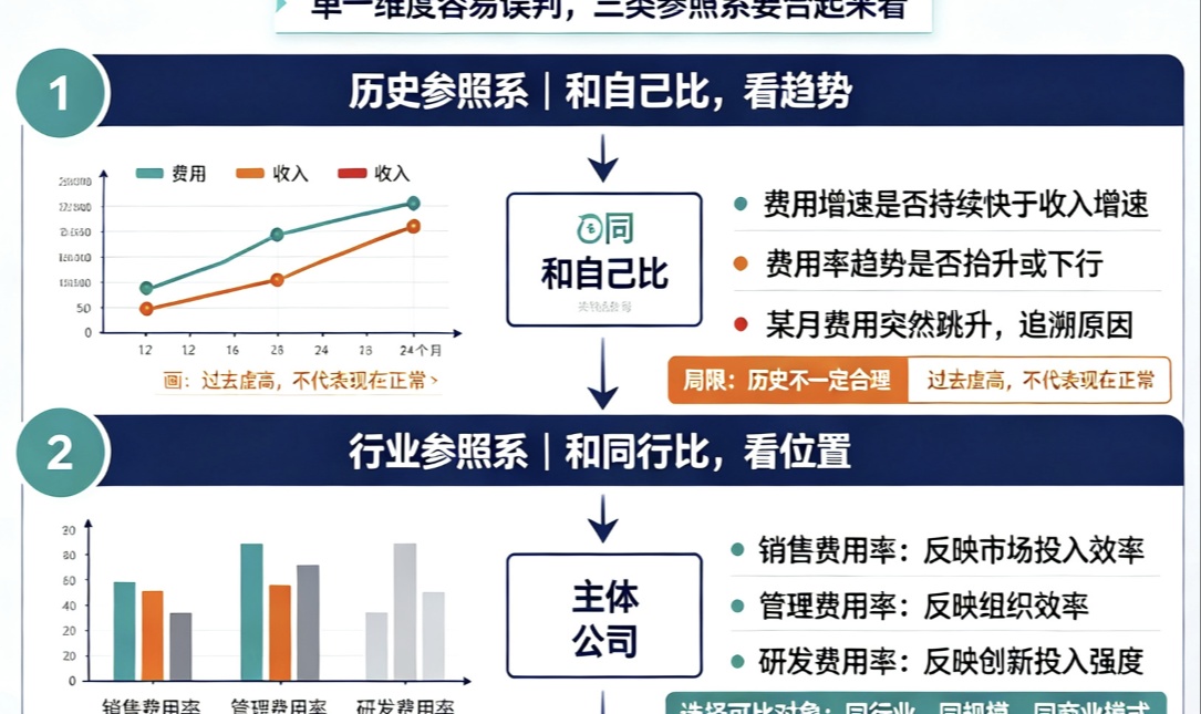 费用分析对标时的参照系是什么？费用分析分为哪三大领域？