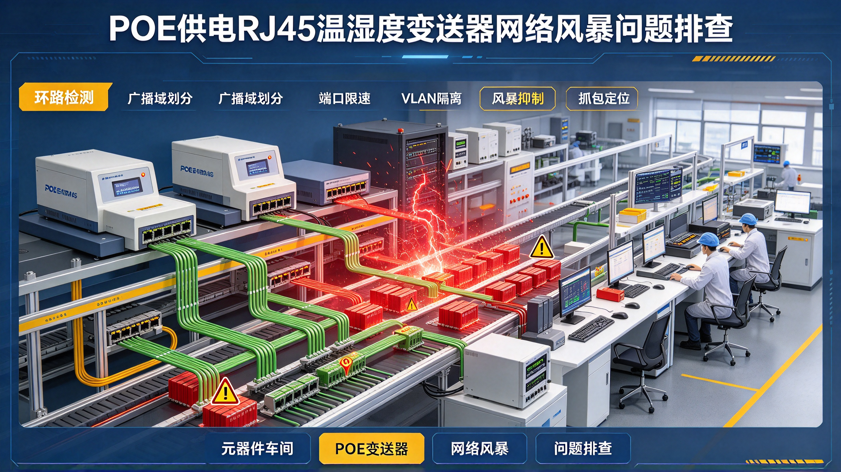 元器件车间产线监测：POE供电RJ45温湿度变送器网络风暴问题排查
