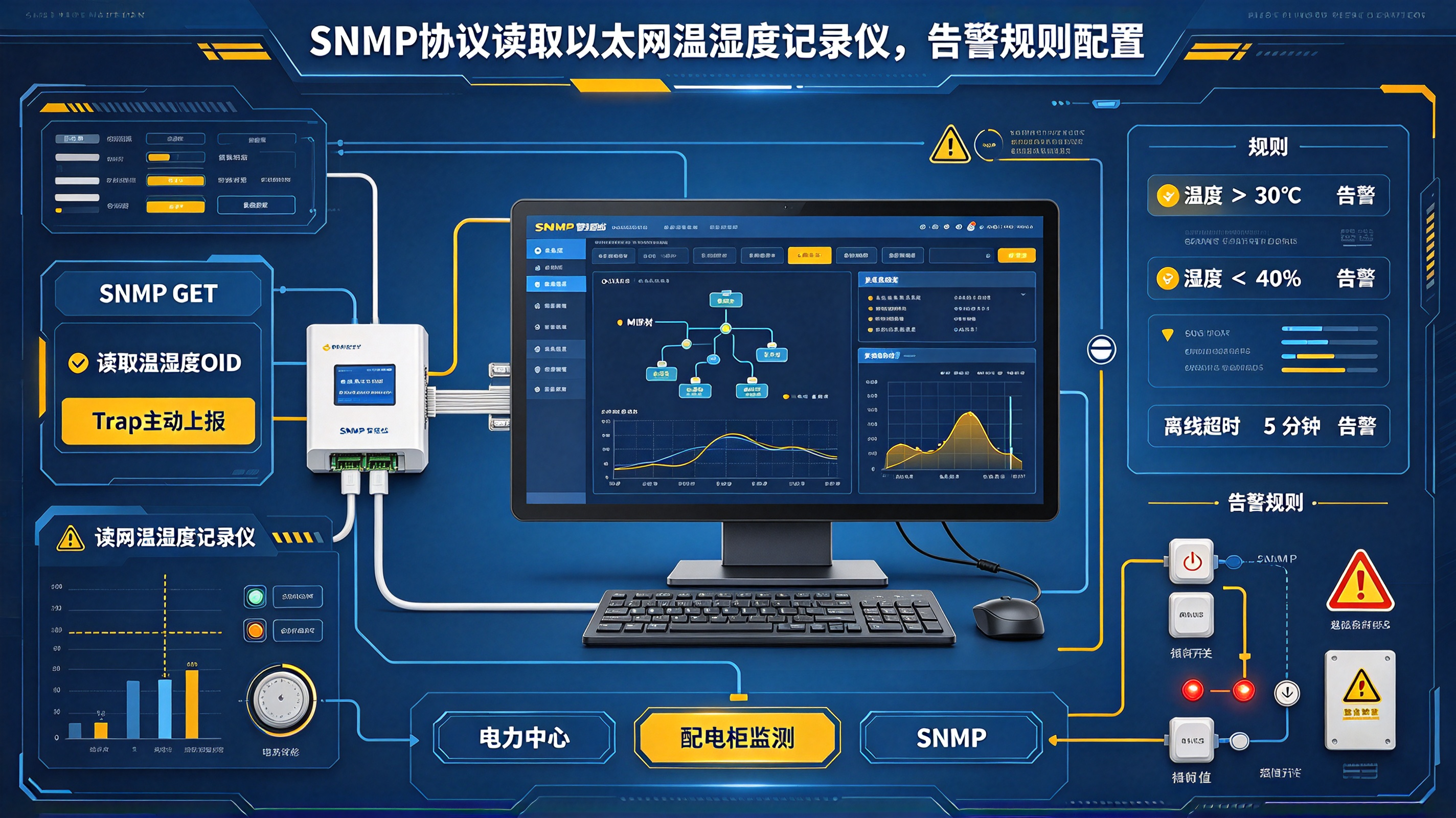 电力中心配电柜监测：SNMP协议读取以太网温湿度记录仪，告警规则配置