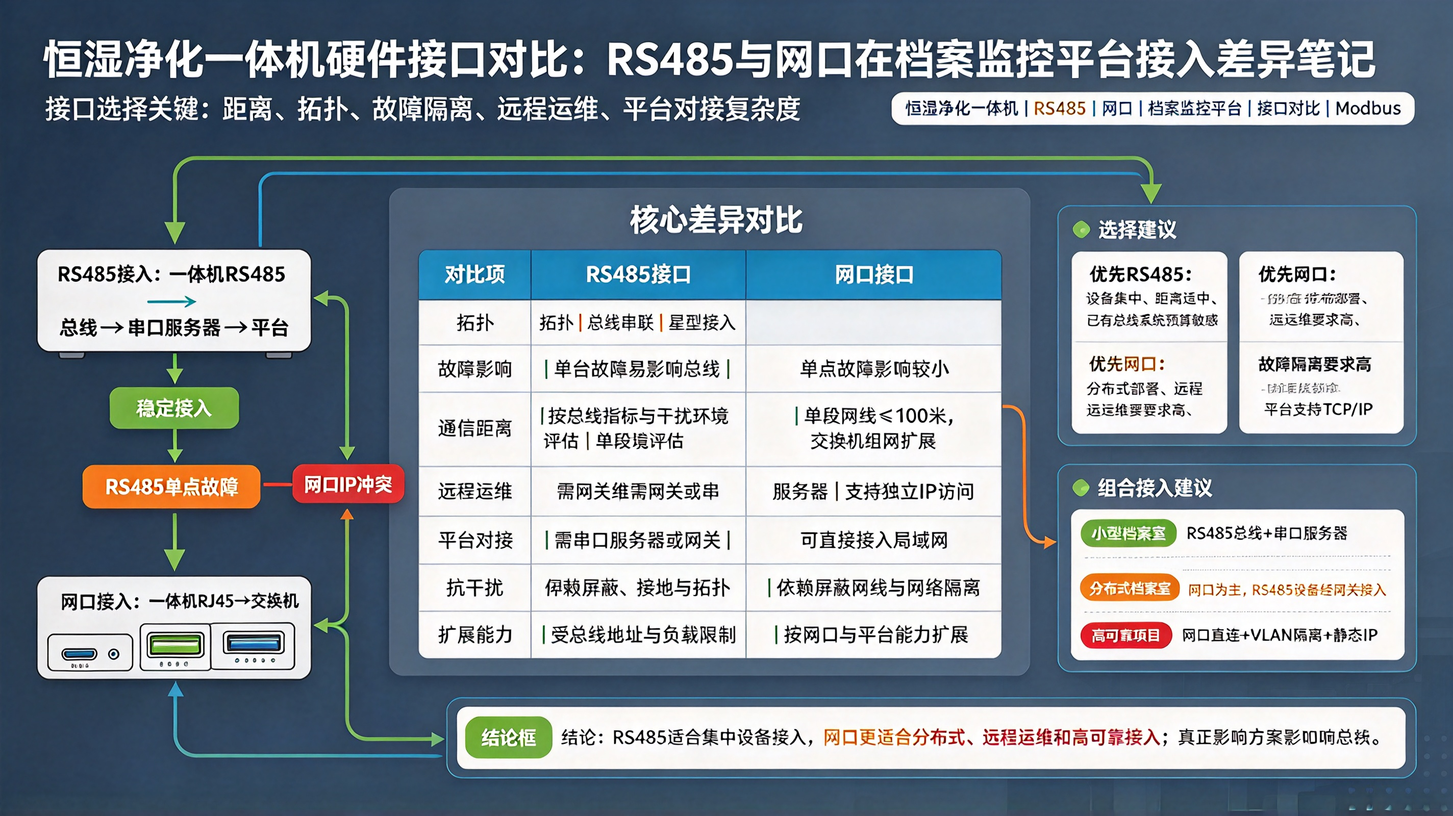 恒湿净化一体机硬件接口对比：RS485与网口在档案监控平台接入差异笔记