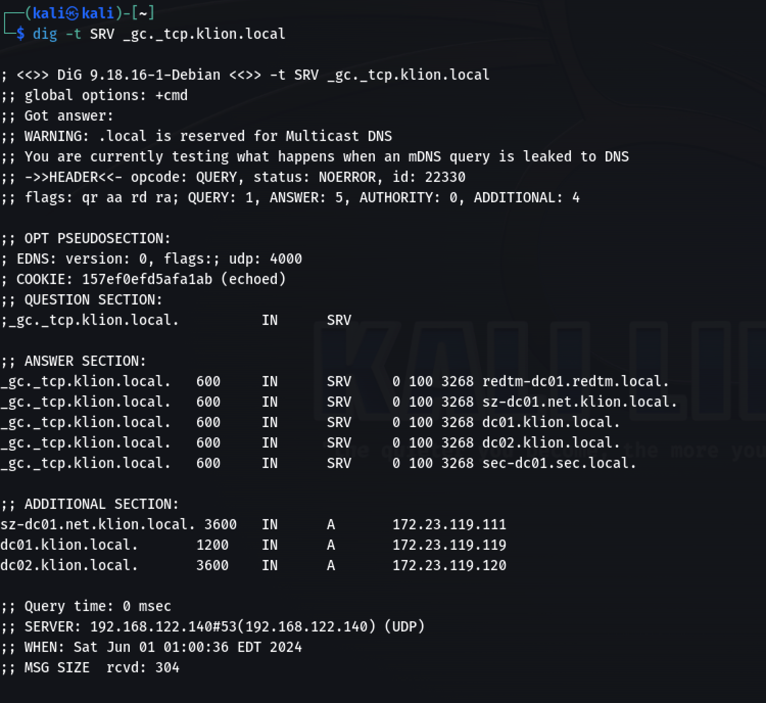 图1-1 查找 SRV 值获得域控制器 IP 地址