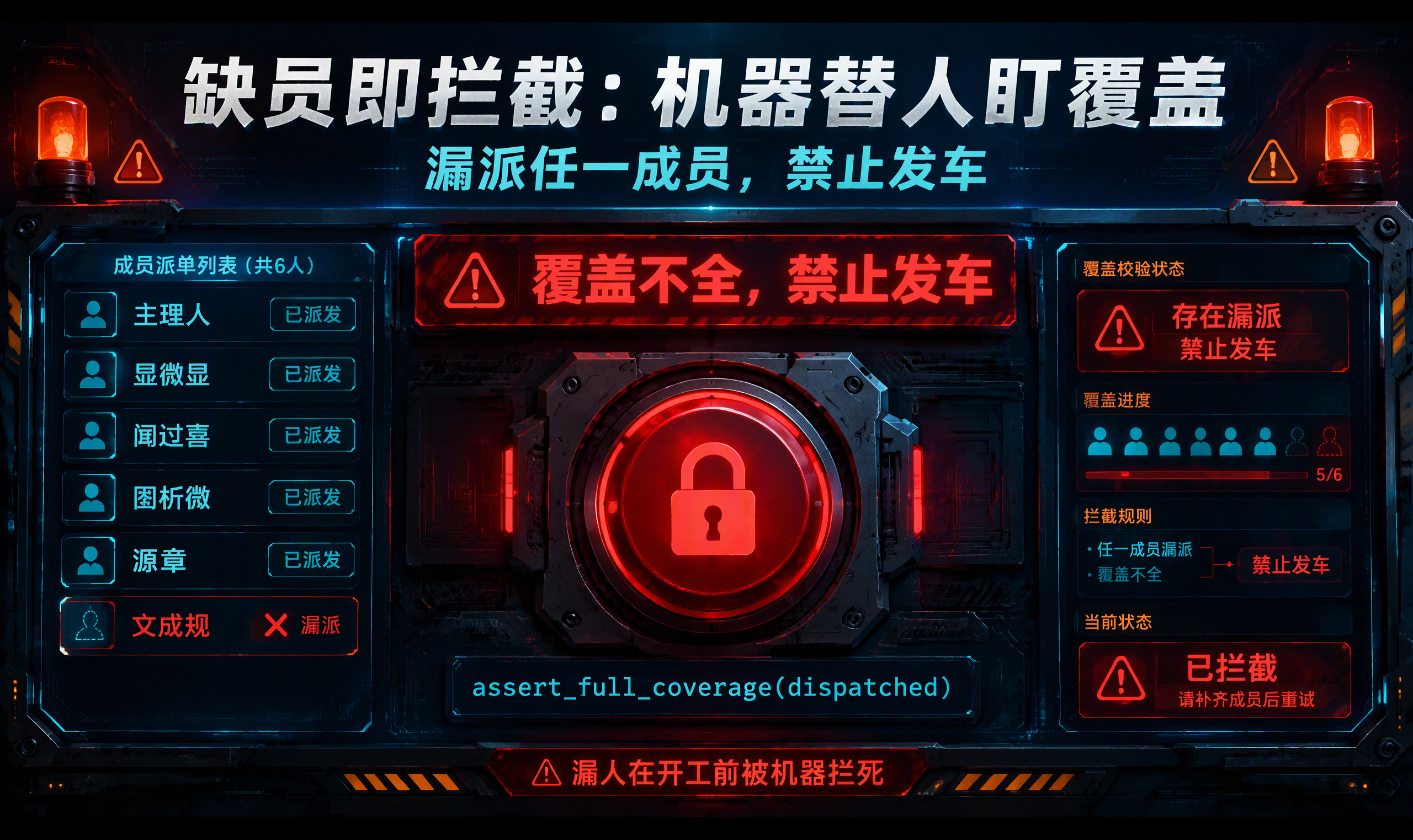 舞台工艺审图智能体派单门禁：用发车前 gate 脚本把六成员覆盖钉成硬约束
