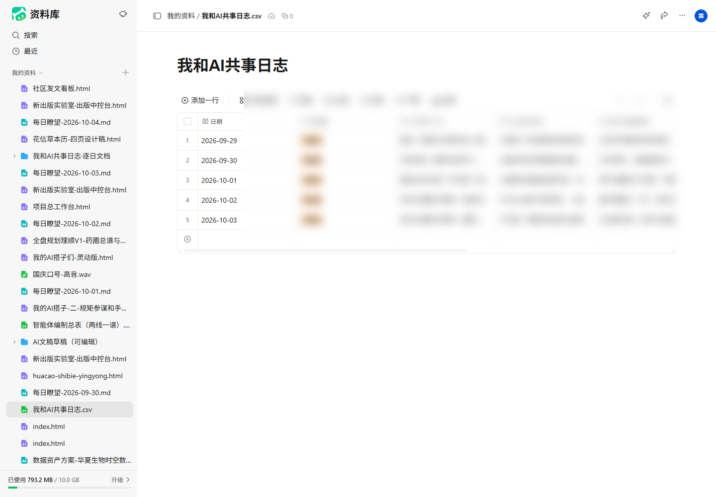 「我和AI共事日志」数据表（内容已打码）