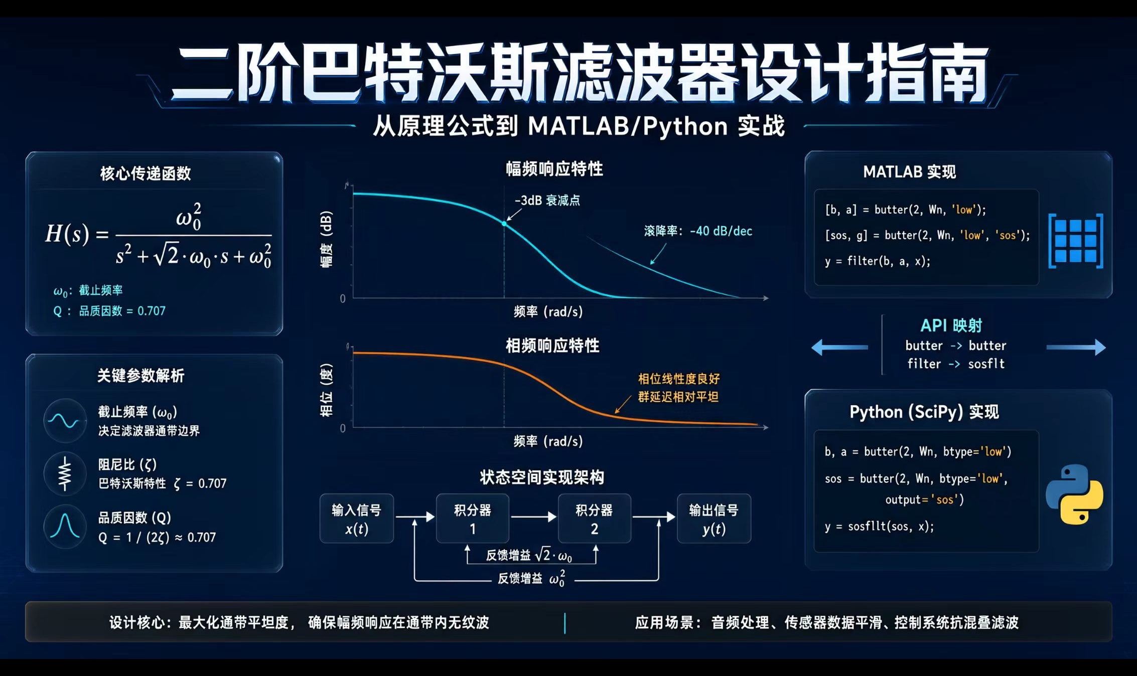 二阶巴特沃斯滤波器设计指南：从原理公式到 MATLAB/Python 实战