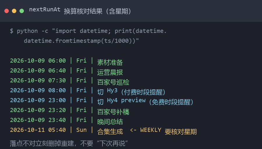 nextRunAt 换算核对结果，含星期