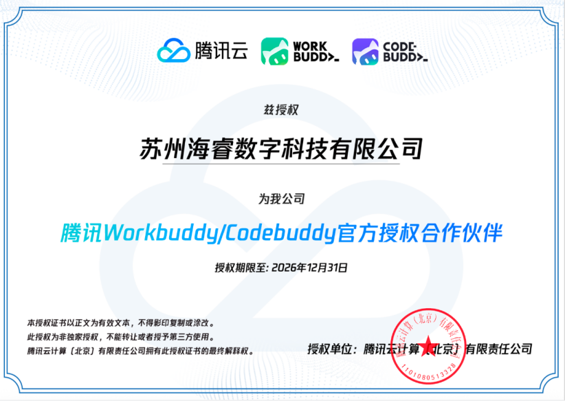 腾讯WorkBuddy / CodeBuddy官方授权书（授权苏州海睿数字科技有限公司，授权期限至2026-12-31，腾讯云计算（北京）有限责任公司签发）