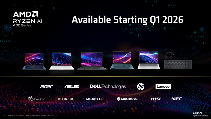 多款拥有色彩鲜艳显示图案的笔记本电脑，并宣布“AMD Ryzen AI 400系列”将于2026年第一季度起上市“，旗下品牌包括宏碁、华硕、戴尔、惠普、联想、Beelink、Colorful、技嘉、Mechrevo、微星和NEC。