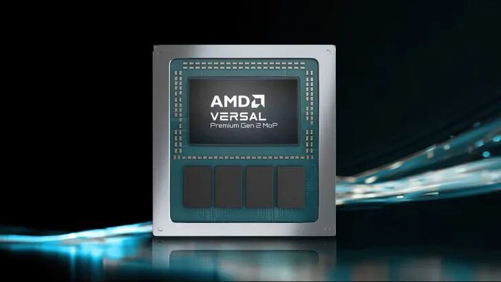 图中展示了 AMD Versal Premium Gen 2 MoP 芯片的特写视图，突出了其设计和品牌标识。