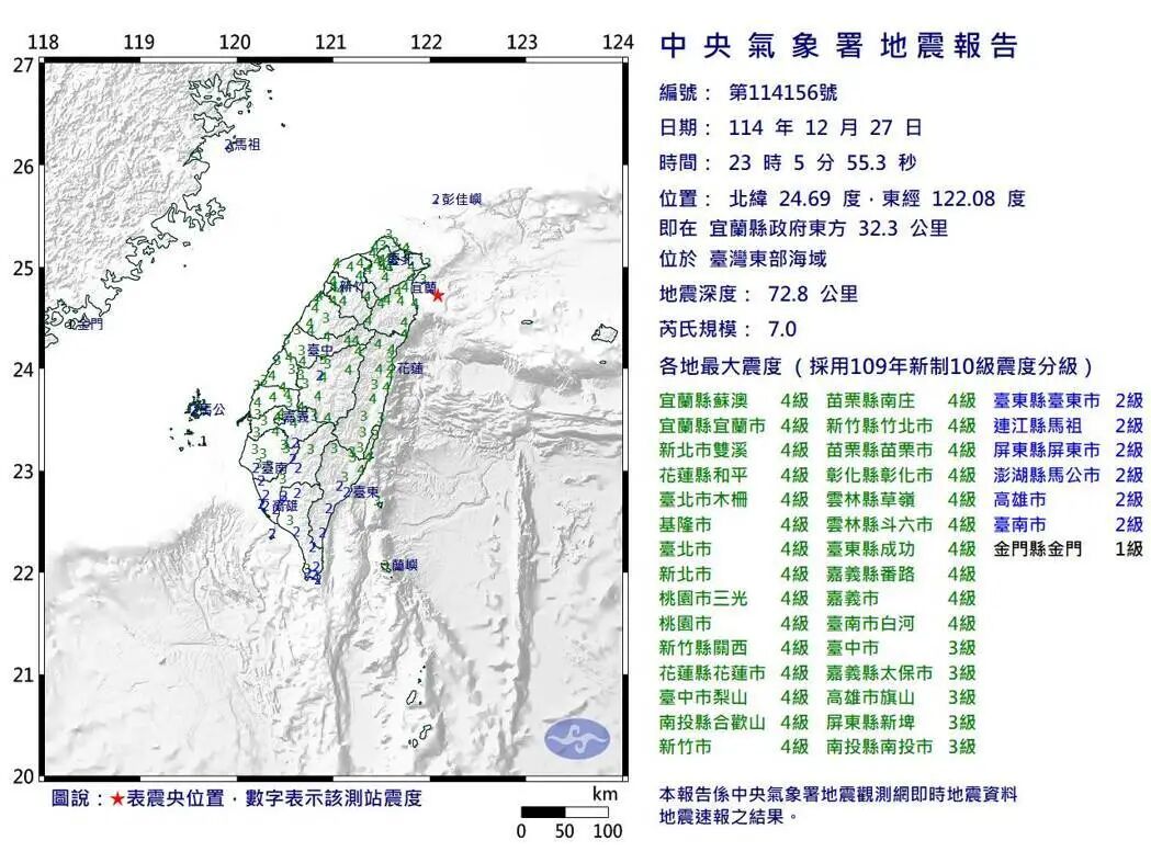 东部海域今晚间11时5分发生规模7地震,地震深度72.8公里。图/中央气象署提供