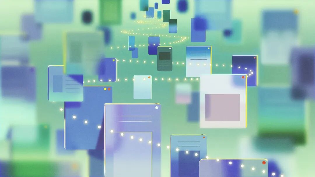 Illustration of papers scattered throughout the frame.