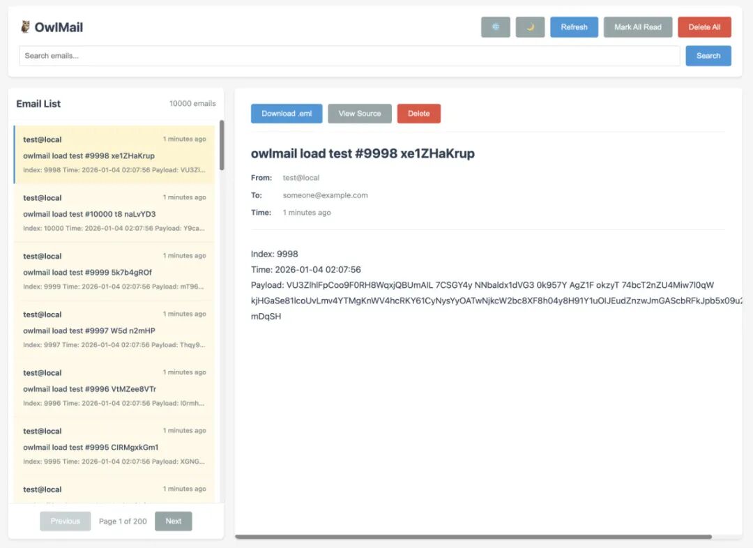 对 OwlMail 进行 1万封邮件基础测试
