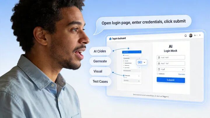 A person speaking naturally to an AI interface saying "Open login page, enter credentials, click submit" while AI instantly generates visual test cases on screen. No code visible — the AI adapts to human language. Modern testing dashboard with flowing conversation UI.