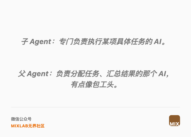 子 Agent:专门负责执行某项具体任务的 AI。 父 Agent:负责分配任务、汇总结果的那个 AI, 有点像包工头。