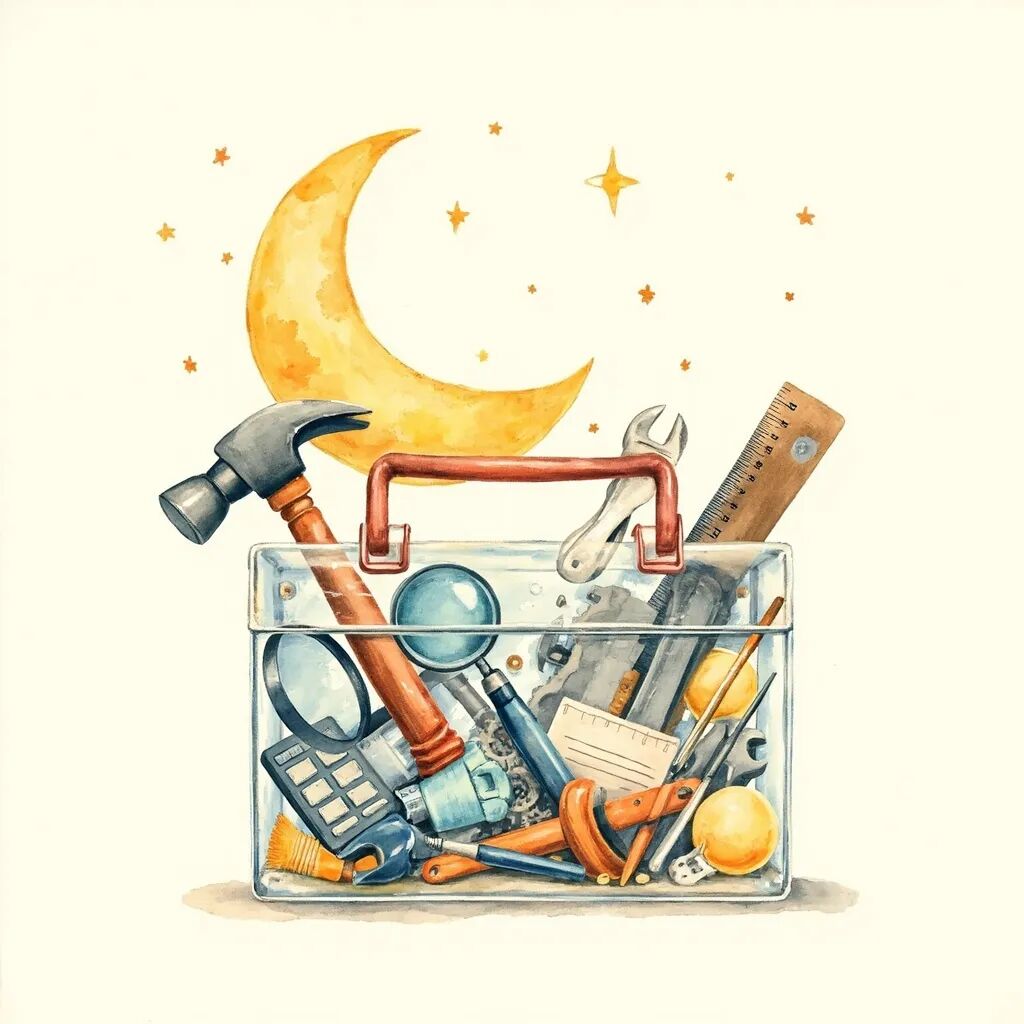 工具栈 + Dream Cycle:透明工具箱上方有弯月表示夜间自动运转