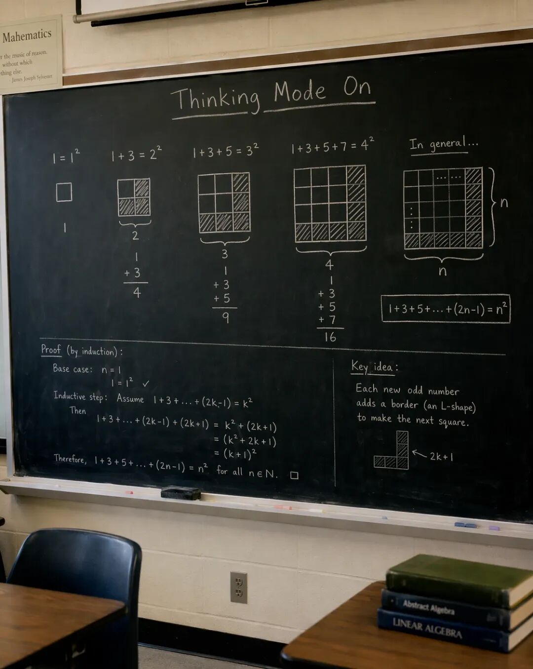 Prompt: a 35mm film photograph of a blackboard in a classroom, and on the blackboard is a visual proof of sum of odd numbers is a square. there is a title "Thinking Mode On" before the math proof ……